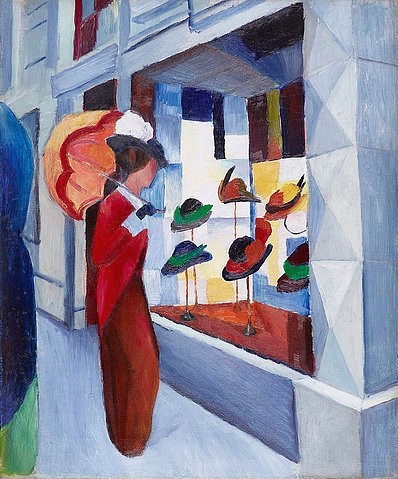 August Macke, Modes: Frau mit Sonnenschirm vor Hutladen. 1914 (Macke,August,1887-1914,Essen,Museum Folkwang,Öl auf Leinwand,20. Jahrhundert,Museum Folkwang,August Macke,Hut,Frau,Kopfbedeckung,Schirm,Handel,Fenster,Schaufenster,Geschäft,Hutladen,Einkaufsbummel,shopping,Laden,20. Jahrhundert,Ladenlokal,Mode,Modegeschäf)