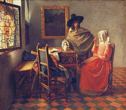 Jan Vermeer van Delft, Das Glas Wein. Um 1660/61 (Berlin,Gemäldegalerie,Vermeer van Delft,Jan,1632-1675,Öl auf Leinwand,17. Jahrhundert,Vermeer van Delft, Jan Vermeer,Vermeer,17. Jahrhundert,Barock,Trinken,Paar,Junges Paar,Fenster,Interieur,bürgerlich,Wein,Innenraum,Kavalier,Zweisamkeit,Rendezvous,Bodenf)