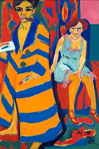 Ernst Ludwig Kirchner, Selbstbildnis mit Modell 1910 (übermalt 1926) (Hamburg,Kunsthalle,Kirchner,Ernst Ludwig,1880-1938,Öl auf Leinwand,20. Jahrhundert,Kirchner, Ernst Ludwig Kirchner Expressionismus Die Brücke Selbstportrait Selbstbildnis Künstlerportrait Modell Maler Farben Farbigkeit Bademantel blau orange Pfeife Atelie)