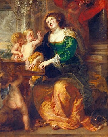 Peter Paul Rubens, Die heilige Cäcilie. Um 1639/40 (Heilige Cäcilia,  Musik, Putten, Virginal, Tafelklavier,  Engel, Interieur, Barock, Klassiker, Malerei, Treppenhaus, Wohnzimmer, Wunschgröße, bunt)