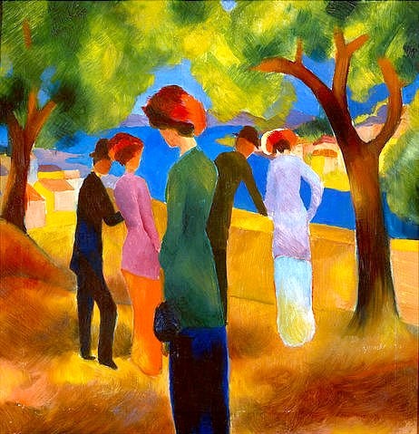 August Macke, Dame in grüner Jacke. 1913 (Sommer, Park, Bäume, Frau, isoliert, allein, Einsamkeit, Paare, Blauer Reiter, Expressionismus, Treppenhaus, Wohnzimmer, Klassische Moderne, Wunschgröße, Malerei, bunt)