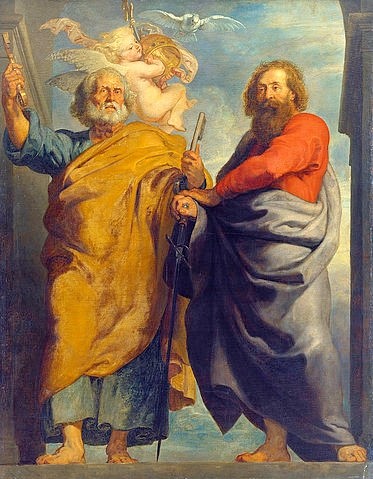 Peter Paul Rubens, Die Apostel Petrus und Paulus. (Heiliger Petrus, Heiliger Paulus,  Schwert, Schlüssel, Himmelsschlüssel,  Apostel, Heiliger Geist, Taube,Putte, Religion, Christentum, neues Testament, Barock, Klassiker, Malerei, Treppenhaus, Wohnzimmer, Wunschgröße, bunt)
