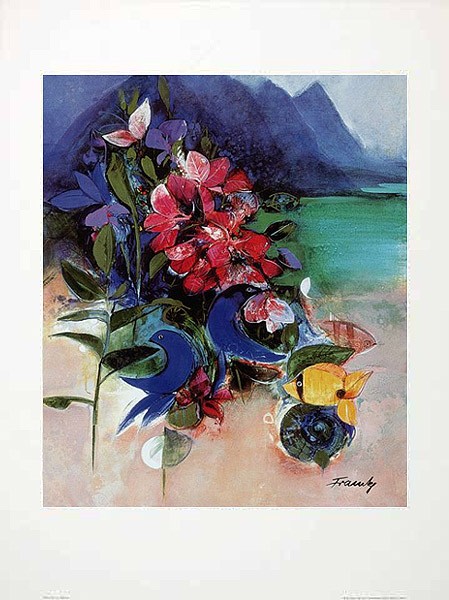 Dieter Framke, Kaui (Landschaft,Insel, Hawaii, Berge, Meer, Trauminsel, Fantastisch, Blumengarten, Blüten,  Wohnzimmer, Schlafzimmer, Lithografie, signiert, bunt)