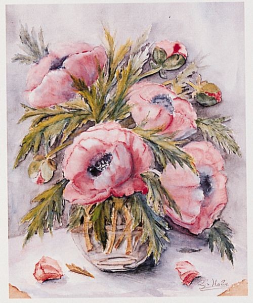 Gabriele von Hake, Rosa Mohn 2410 (Mohn, Stillleben, Blumenvase, Blüten, Sommerblumen, verblühen, Blütenblätter, Schlafzimmer, Esszimmer, Wohnzimmer, bunt)