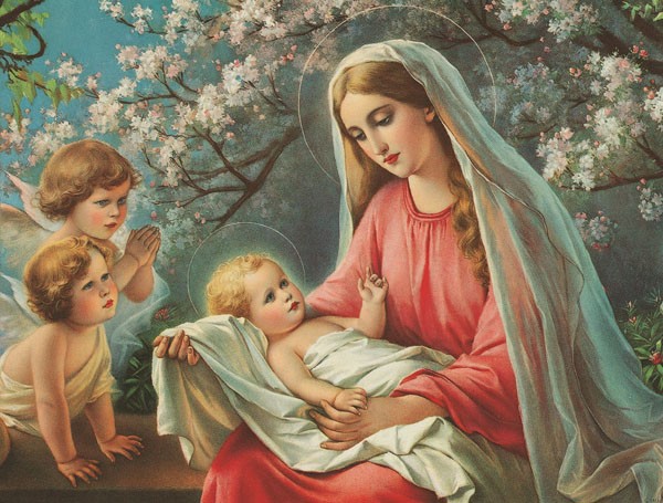 Anonym, BLÜTEN-MADONNA (Malerei, Madonna, Maria,  Christuskind, Mutter/Kind, Mutterliebe, Zärtlich, Engel, Blütenbaum, religiös, Christlich, spirituell, Wohnzimmer, Schlafzimmer, Wunschgröße, bunt)