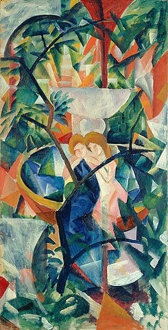 August Macke, Mädchen am Springbrunnen. 1913 (Expressionismus,20. Jahrhundert,Öl auf Leinwand,Münster,LWL-Museum für Kunst und Kultur<br>Westfälisches Landesmuseum,1887-1914,Macke,August,August Macke,Kuben,Kubismus,Prismen,Mädchen,Bäume,Garten)