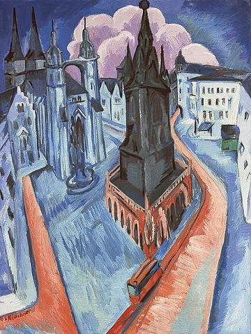 Ernst Ludwig Kirchner, Der rote Turm in Halle. 1915 (Essen,Museum Folkwang,Kirchner,Ernst Ludwig,1880-1938,Öl auf Leinwand,20. Jahrhundert,Kirchner, Ernst Ludwig Kirchner,Deutschland,Sachsen,Türme,Turm,Stadt,Stadtansicht,Expressionismus,expressionistisch,blau,Perspektive,Straßenbahn,Straße,erhöhter Standpun)