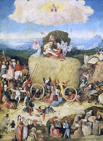 Hieronymus Bosch, Triptychon Der Heuwagen. Mitteltafel. (Malerei, Klassiker, Renaissance, Triptychon, Mittelteil, Phantasie, Symbolik, Ernte, Heu, Menschen, Fabelwesen, Dämonen, Wunschgröße, bunt)