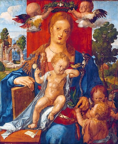 Albrecht Dürer, Die Madonna mit dem Zeisig. 1506. (Dürer,Albrecht,1471-1528,Berlin,Gemäldegalerie,Pappelholz,Dürer, Albrecht Dürer,16. Jahrhundert,Renaissance,Madonna,Maria,Jesuskind,Christuskind,Jesus Christus,Maiglöckchen,Zeisig,Buch,Sauglutscher,Schnuller,Vogel,Kranz,Cherubim,Zettel,Symbol,symbolisch,s)
