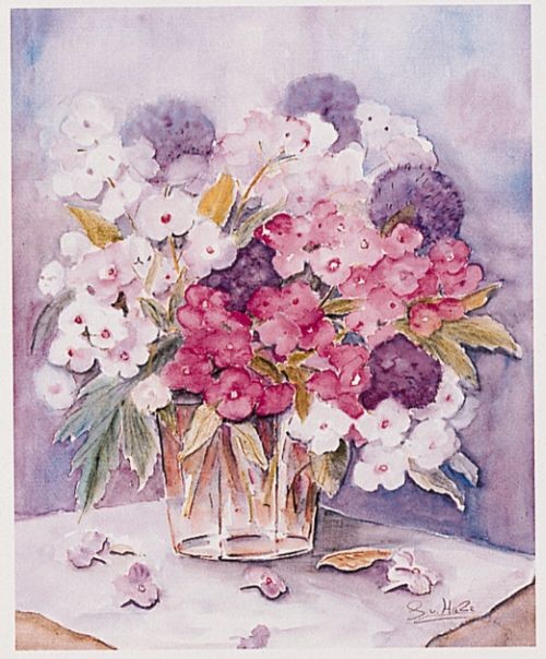 Gabriele von Hake, Phlox 2409 (Phlox, Stillleben, Blumenvase, Blüten, Sommerblumen, verblühen, Blütenblätter, Schlafzimmer, Esszimmer, Wohnzimmer, bunt)