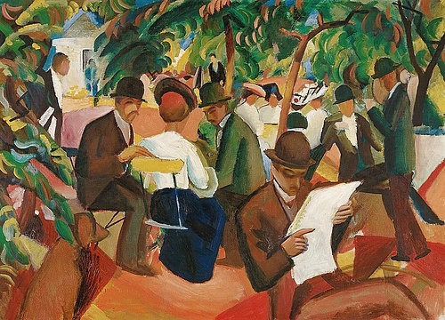 August Macke, Gartenrestaurant. 1912 (Garten, Wirtshaus, Restaurant, Zeitungsleser, Zeitung lesen, Mann, Männer, Frauen, Gespräch, Unterhaltung, Bäume, Freizeit, Blauer Reiter, Expressionismus, Treppenhaus, Wohnzimmer, Klassische Moderne, Wunschgröße, Malerei, bunt)