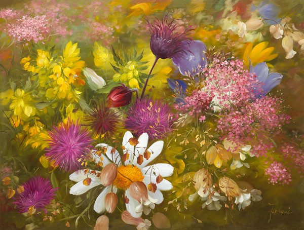 Fasani, POTPOURRI OF FLOWERS II (Malerei, Blumenwiese, Wildblumen, Blumen, Sommer, Floral, Blüten, üppig, Wohnzimmer, Treppenhaus, Esszimmer, Wunschgröße, bunt)