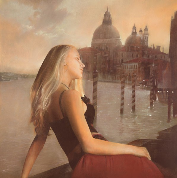 Antonio Sgarbossa, GIADA IN UN TRAMONTO VENEZIANO (Venedig, Städte, Kirche, Kanal, Wasserstraße, Architektur, Sommer, Sonnenuntergang, Frau, Model, sich sonnen, Italien, Noatalgie, Malerei, Wohnzimmer, Wunschgröße bunt)