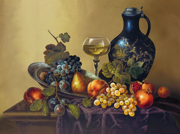 Pila, SUMMER WINE (Stillleben, traditionell, Krug, Trauben, Wein, Herbst, üppig, Früchte, Obst, Malerei, zeitgenössisch, Nostalgie, Esszimmer, Küche, Wunschgröße)