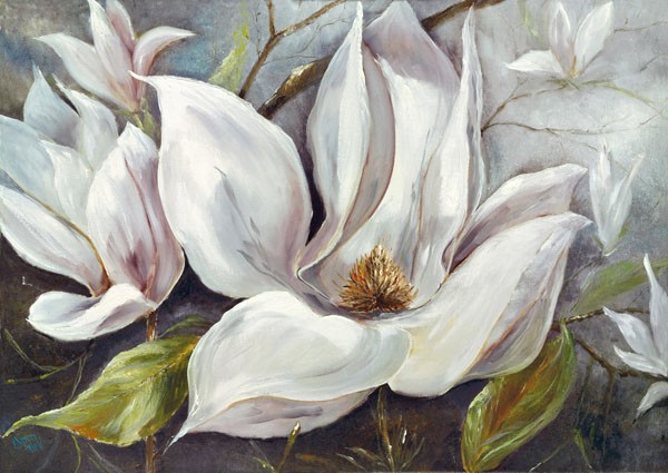 Anna Field, TENDER MAGNOLIAS I (Blumen, Magnolien, Blüten, Blütenblätter, floral, modern, üppig,  Wunschgröße, Wohnzimmer, Treppenhaus, Esszimmer, weiß/bunt)