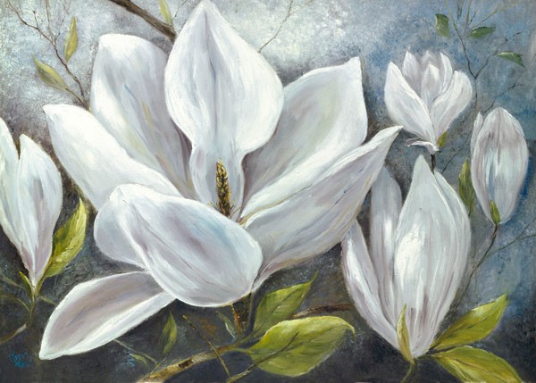 Anna Field, TENDER MAGNOLIAS II (Blumen, Magnolien, Blüten, Blütenblätter, floral, modern, üppig,  Wunschgröße, Wohnzimmer, Treppenhaus, Esszimmer, weiß/bunt)