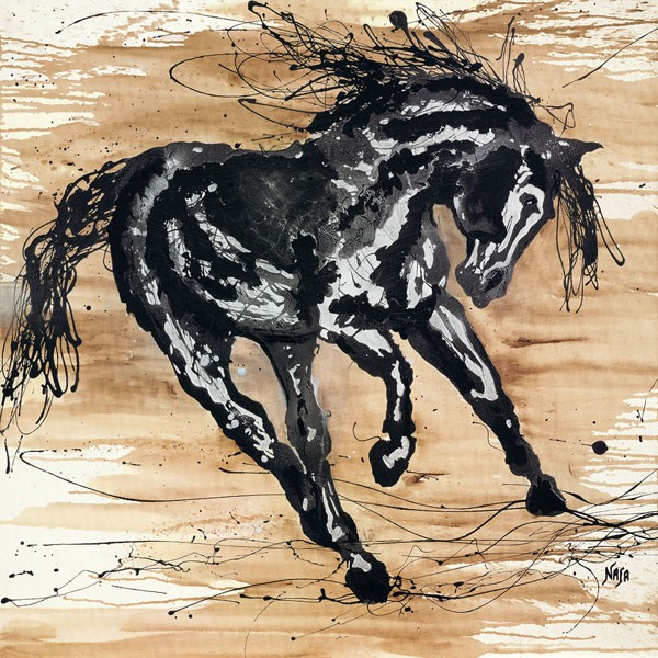 Naja, LE DANSEUR (Pferd, lebhaft, wild, Tier, Mähne, Aquarell, Zeichnung, Treppenhaus, Wohnzimmer, Wunschgröße, Beige/schwarz)
