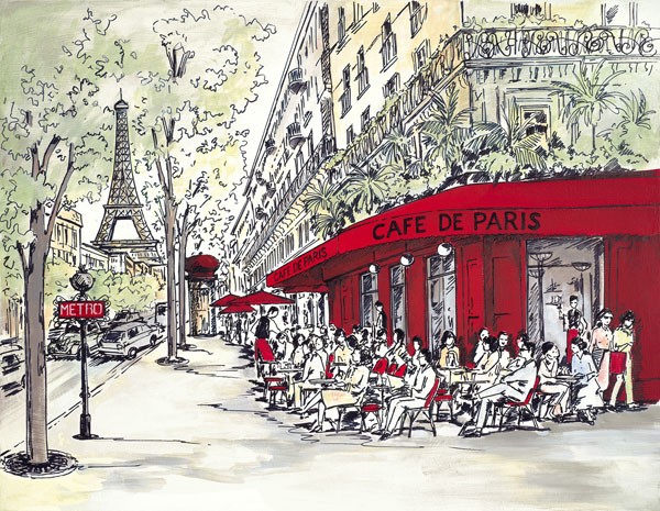 Chloe Marceau, CAFE DE PARIS (Paris, Café, Eiffelturm, Metrostation, Metropole, Städte, Zeichnung, Grafik, Wohnzimmer, Treppenhaus, Wunschgröße, bunt)
