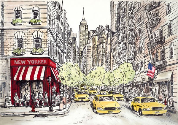Chloe Marceau, NEW YORKER (New York, Café, Empire State Building, gelbe Taxi, Metropole, Städte, Zeichnung, Grafik, Wohnzimmer, Treppenhaus, Wunschgröße, bunt)
