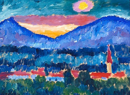 Alexej von Jawlensky, Gebirgsdorf. 1910 (Hamburg,Kunsthalle,Jawlensky,Alexej von,1864-1941,Dörfer,Jawlensky, Alexej von 1864-1941, Deutschland, deutsch, 19. Jahrhundert, 20. Jahrhundert, Blaue Reiter, Expressionismus, expressionistisch, expressiv, Gebirge, Berg, Berge, Alpen, alpin, Tal, Kirche,)