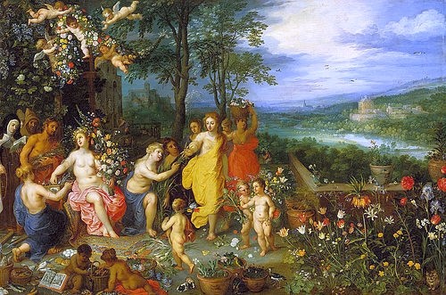 JAN BRUEGHEL DER ÄLTERE, Frühlings-Allegorie. 1616. (Zusammen mit Hendrick van Balen). (Frühling, Landschaft, Landschaftsmalerei, Allegorie,  Blumen, Blüten, Putten, Barock, Klassiker, Malerei, Wunschgröße, Wohnzimmer, bunt)