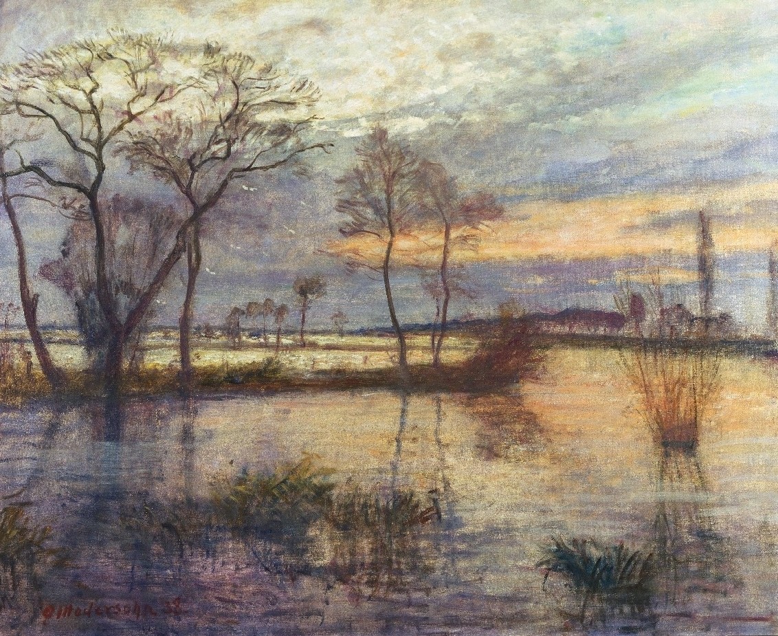 Otto Modersohn, Abend an der Wümme. 1938. (Norddeutschland, Fluss, Bäume, Sonnenuntergang, Abendstimmung, Landschaft, Landschaftsmalerei,  Künstlerkolonie Worpswede, Klassische Moderne,   Wohnzimmer, Treppenhaus, Wunschgröße)