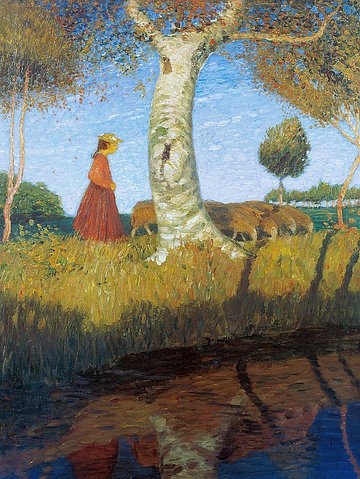 Otto Modersohn, Sonniger Herbsttag. Um 1898. (Landschaft, Fluss, Baum, Speigelungen, Schäferin, Schafe, Herbst, Künstlerkolonie Worpswede, Klassische Moderne, Wunschgröße, Wohnzimmer, Treppenhaus,)