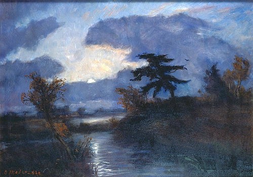 Otto Modersohn, Mondnacht im Teufelsmoor. Um 1900 (Mond, Nachtszene, Moor, Fluss, schaurig, gespenstisch, Dunkel, Landschaft, Landschaftsmalerei,  Künstlerkolonie Worpswede, Klassische Moderne,   Wohnzimmer, Treppenhaus, Wunschgröße)