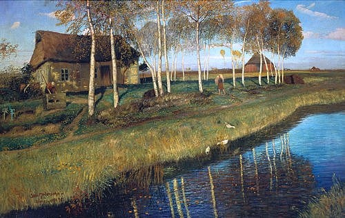 Otto Modersohn, Herbstmorgen am Moorkanal. 1895 (Landschaft, Landschaftsmalerei, kanal, Birken, Bauernhaus, Spiegelungen, Jahreszeit, Künstlerkolonie Worpswede, Klassische Moderne,   Wohnzimmer, Treppenhaus, Wunschgröße)