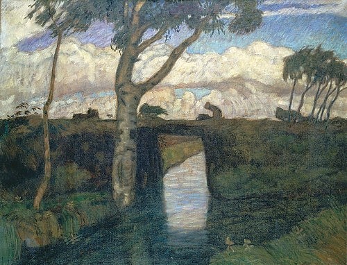 Otto Modersohn, Sturm im Teufelsmoor. 1900. (Fluss, Moor, Brücke, Bäume, Landschaft, Landschaftsmalerei,  Künstlerkolonie Worpswede, Klassische Moderne,   Wohnzimmer, Treppenhaus, Wunschgröße)