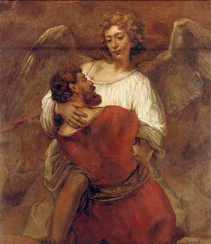 Rembrandt van Rijn, Jakob ringt mit dem Engel. Um 1659/60 (Rembrandt van Rijn,1606-1669,Berlin,Gemäldegalerie,Öl auf Leinwand,Rembrandt van Rijn,Rembrandt,17. Jahrhundert,Barock,Heiliger,Jakob,Altes Testament,Engel,Flügel,Mann,Schutzengel)