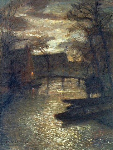 Otto Modersohn, Friedliche Welt. 1935. (Fluss, Brücke, Dunkelheit, Boote, Dorf, Nachtszene, Landschaft, Landschaftsmalerei,  Künstlerkolonie Worpswede, Klassische Moderne,   Wohnzimmer, Treppenhaus, Wunschgröße)