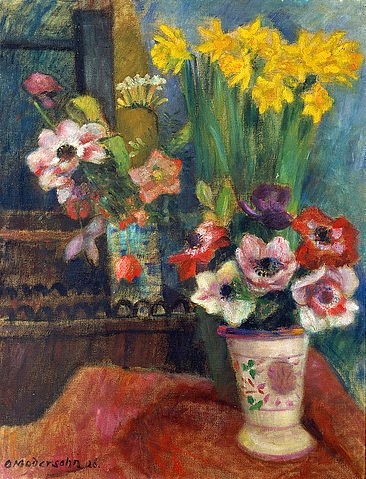 Otto Modersohn, Blumenstilleben. 1928. (Stillleben, Blumenvase, Blumenstrauß, Frühlingsblumen, Narzissen, Annemonen, Künstlerkolonie Worpswede, Klassische Moderne, Wunschgröße, Wohnzimmer, Treppenhaus, Esszimmer)