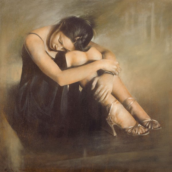 Antonio Sgarbossa, DOLCE EXPRESSIONE (junge Frau, sitzende Frau, Fußboden, Boden, verträumt, Licht, Wärme, People & Eros, Menchen, Malerei, Wohnzimmer, Wunscgröße, grau/braun)