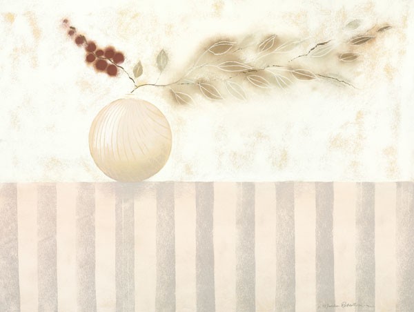 Marilyn Robertson, VANILLA II (Malerei, Stillleben, Zweige, Blütenzweige, Vase, Kugelvase, modern, dekorativ, Wunschgröße, Schlafzimmer, Treppenhaus, Wohnzimmer, blass/pastell)