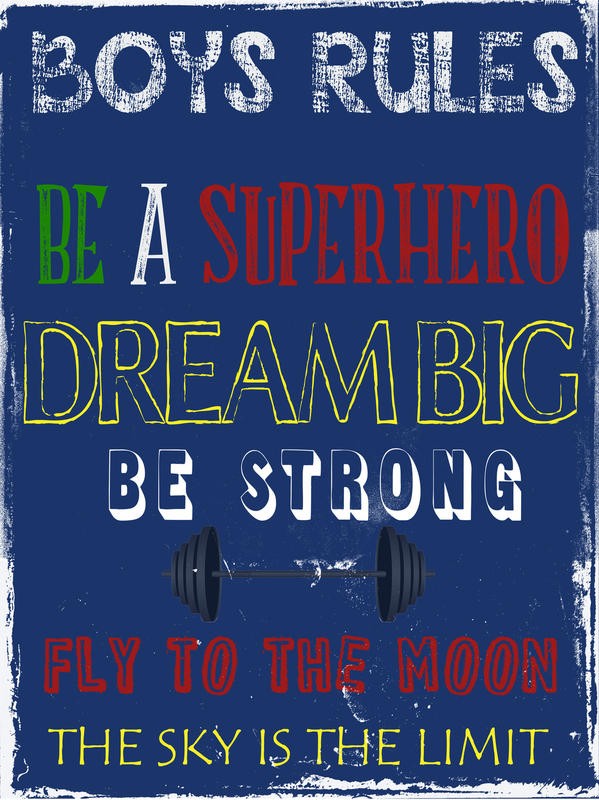 Sheldon Lewis, BOYS RULES I (Mut, Held, Motivation, Comic, Inspiration, Typografie, Wunschgröße, Grafik, Jugendzimmer, Treppenhaus, bunt)