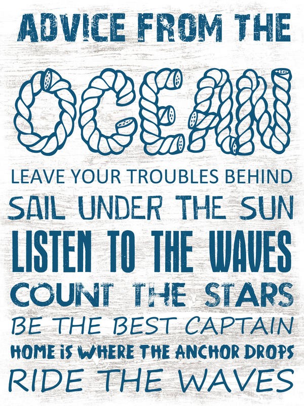 Sheldon Lewis, ADVICE FROM THE OCEAN II (Schild, maritim, Motivation, Typografie, Inspiration,  Wunschgröße, Grafik, Badezimmer, Treppenhaus, beige/blau)