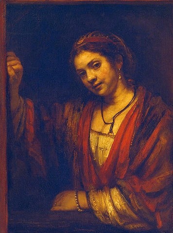 Rembrandt van Rijn, Hendrickje Stoffels. Um 1659 (Barock,Berlin,Gemäldegalerie,1606-1669,Rembrandt van Rijn,Rembrandt van Rijn,Rembrandt,17. Jahrhundert,Portrait,Porträt,Frau,Junge Frau,geneigter Kopf)
