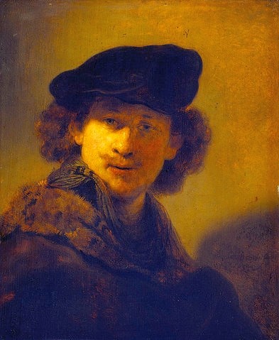 Rembrandt van Rijn, Selbstbildnis mit Samtbarett und einem Mantel mit Pelzkragen. 1634. (Rembrandt van Rijn,1606-1669,Berlin,Gemäldegalerie,Öl/Eichenholz,Rembrandt,Rembrandt van Rijn,Rembrandt,17. Jahrhundert,Barock,Portrait,Portrait,Selbstportrait,Selbstporträt,Selbstbildnis,Mann,Brustbild,Licht,Schatten,Künstler,Maler,Künstlerportrait,Künst)