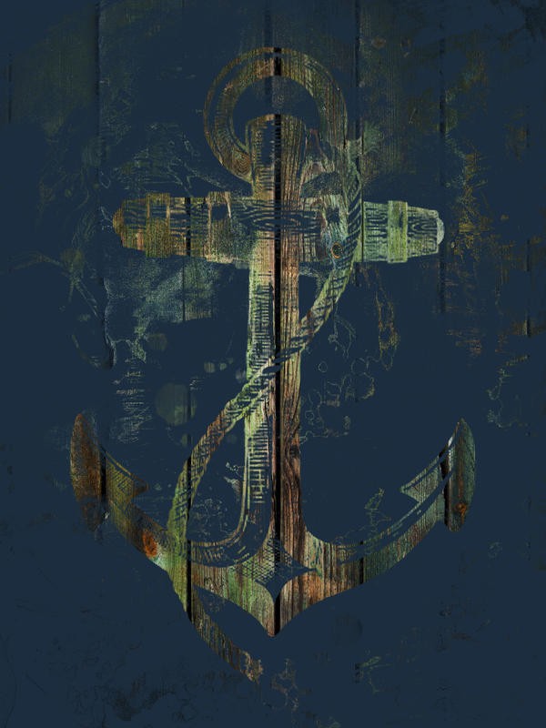 Sheldon Lewis, ANCHORS AWAY I (Anker, Halt, Schiff, Holzpanel, maritim, Wunschgröße, Grafik, Badezimmer, Treppenhaus, Wohnzimmer, blau/gold)
