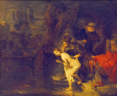Rembrandt van Rijn, Susanna und die beiden Alten. 1647. (Rembrandt van Rijn,1606-1669,Berlin,Gemäldegalerie,Mahagoniholz,Rembrandt van Rijn,Rembrandt,17. Jahrhundert,Barock,Altes Testament,Susanna,Baden,Bad,Akt,Beobachter,beobachten)