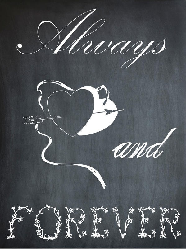 Sheldon Lewis, ALWAYS AND FOREVER IV (Liebe, Valentinstag, Tafel, Herzen, Kalligrafie, Inspiration, Treppenhaus, Schlafzimmer, Grafik, Wunschgröße, schwarz/weiß)