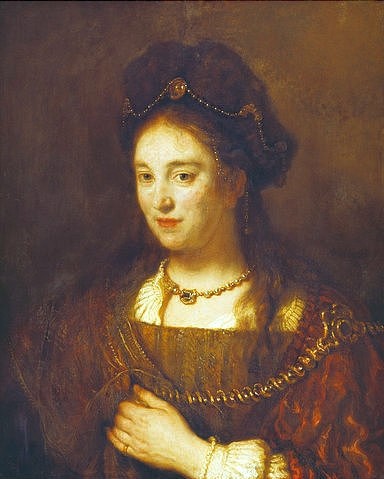 Rembrandt van Rijn, Rembrandts Gattin Saskia. 1643 (Rembrandt van Rijn,1606-1669,Berlin,Gemäldegalerie,Mahagoniholz,Rembrandt van Rijn,Rembrandt,17. Jahrhundert,Barock,Portrait,Porträt,Frau,Saskia van Uylenburgh,Kette)