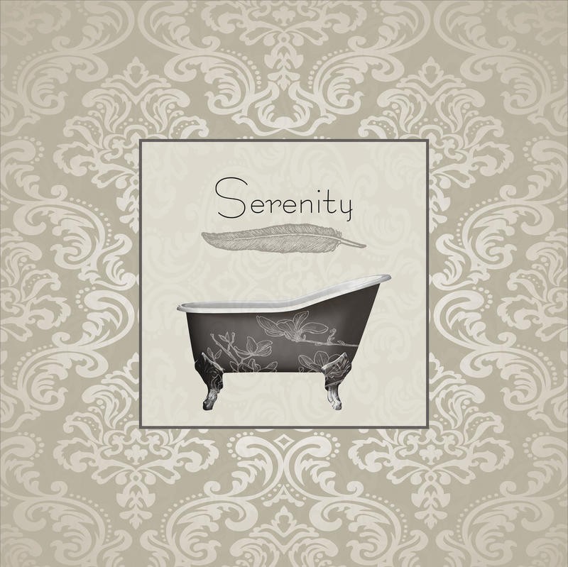 Sheldon Lewis, SERENITY II (Badewanne, Feder, Gelassenheit, Motivation, Inspiration, Ornamente, florale Muster, Tapetenmuster, Kalligrafie, Badezimmer, Treppenhaus, Wunschgröße, Grafik, beige/grau)