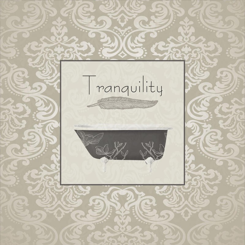 Sheldon Lewis, TRANQUILITY II (Badewanne, Feder, Ruhe, Motivation, Inspiration, Ornamente, florale Muster, Tapetenmuster, Kalligrafie, Badezimmer, Treppenhaus, Wunschgröße, Grafik, beige/grau)