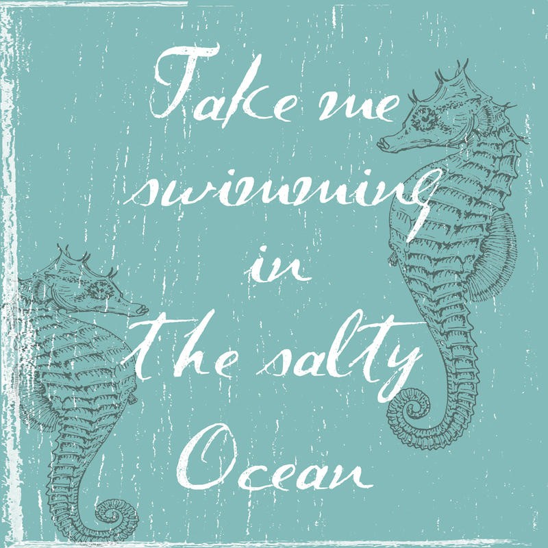 Sheldon Lewis, SAND AND OCEAN I (Seepferdchen, Schild, maritim, Motivation, Kalligrafie, Inspiration,  Wunschgröße, Grafik, Badezimmer, Treppenhaus, hellblau/beige)