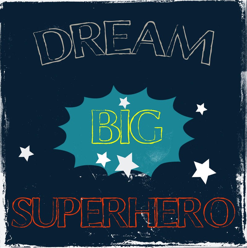 Sheldon Lewis, MY SUPERHERO II (Mut, Held, Motivation, Comic, Inspiration, Typografie, Wunschgröße, Grafik, Jugendzimmer, Treppenhaus, bunt)