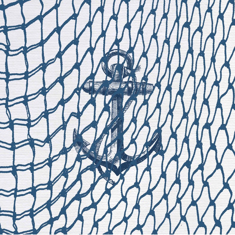 Sheldon Lewis, FISHNET I (Netz, Fischernetz, Anker, maritim, Grafik, Wunschgröße, Badezimmer, Treppenhaus, blau/weiß)
