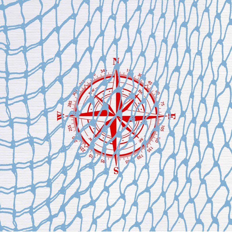 Sheldon Lewis, FISHNET II (Netz, Fischernetz, Kompass, maritim, Grafik, Wunschgröße, Badezimmer, Treppenhaus, blau/weiß/rot)
