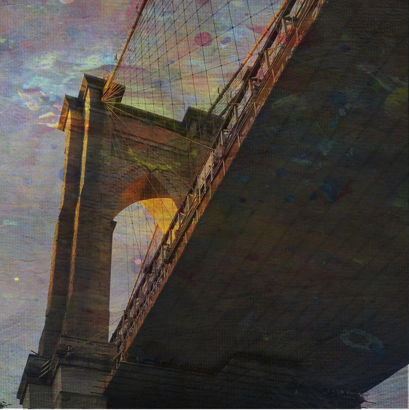Sheldon Lewis, MAGICAL NEW YORK III (New York, Brooklyn Bridge, Brücke, Untersicht, Perspektive, Konstruktion, Architektur, Bauwerk, Malerei, Wunschgröße, Wohnzimmer, bunt)